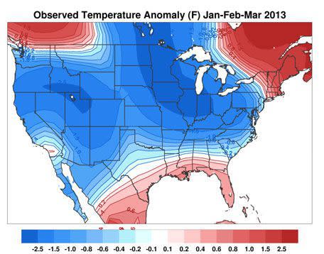 Observed winter temperature anomalies for winter 2013.