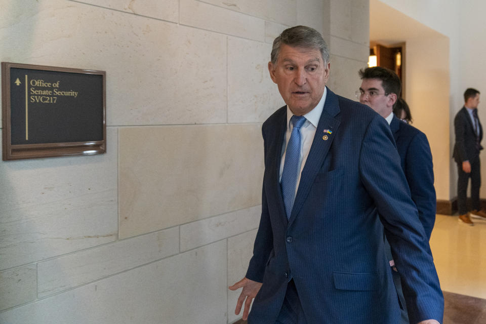 Sen. Joe Manchin, D-W.Va., arrives for a closed door briefing about the leaked highly classified military documents, on Capitol Hill, Wednesday, April 19, 2023, in Washington. (AP Photo/Alex Brandon)