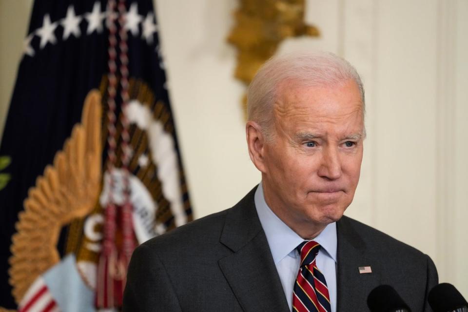 President Joe Biden, who has repeatedly urged lawmakers to renew a federal assault weapons ban, speaks from the White House about a school shooting in Nashville on 27 March. (AP)
