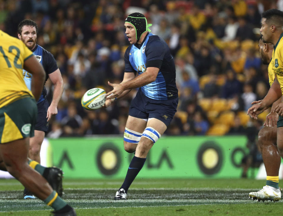 Argentina's Ramiro Herrera in action during the Rugby Championship match between Australia and Argentina in Brisbane, Australia, Saturday July 27, 2019. (AP Photo/Tertius Pickard)