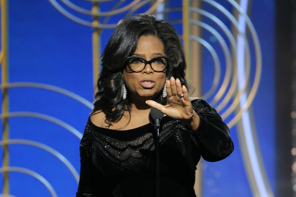 Oprah Winfrey accepts the Cecil B. DeMille Award at the 75th Annual Golden Globe Awards in Beverly Hills, Calif., on Sunday. (Paul Drinkwater/NBC via AP)