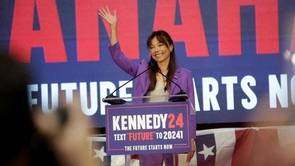 PHOTO: Independent vice presidential candidate Nicole Shanahan speaks during a campaign event to announce Independent presidential candidate Robert F. Kennedy Jr. pick for a running mate, March 26, 2024, in Oakland, Calif. (Thos Robinson/Getty Images )