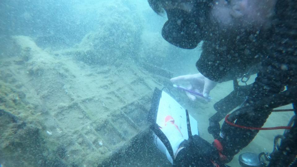 A diver examines a radiator attached to the warplane's wings, which are still on the bottom of the lake.