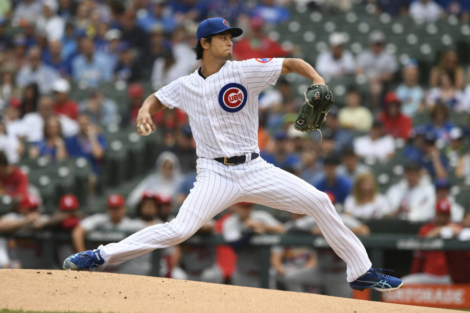 Chicago Cubs starter Yu Darvish delivers a pitch during the first inning of a baseball game against the St. Louis Cardinals, Sunday, Sept. 22, 2019, in Chicago. (AP Photo/Paul Beaty)