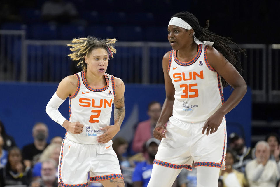 Connecticut Sun's Natisha Hiedeman and Jonquel Jones helped lead their team to the WNBA Finals, but their core could look a lot different in 2023. (AP Photo/Charles Rex Arbogast)