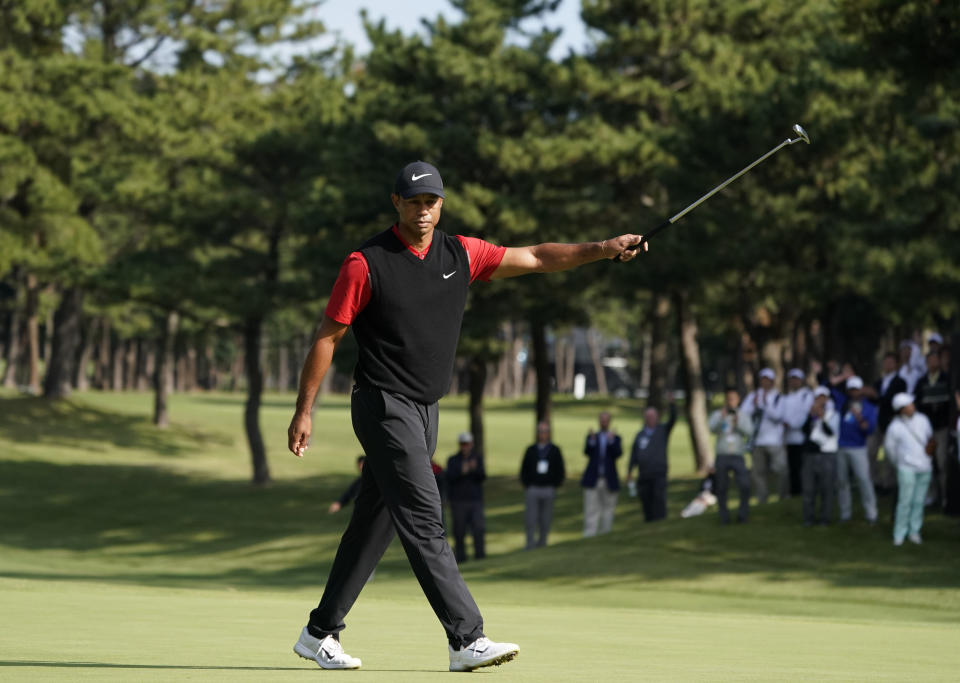 Tiger Woods of the United States reacts after his putt during the final round of the Zozo Championship PGA Tour at the Accordia Golf Narashino country club in Inzai, east of Tokyo, Japan, Monday, Oct. 28, 2019. (AP Photo/Lee Jin-man)