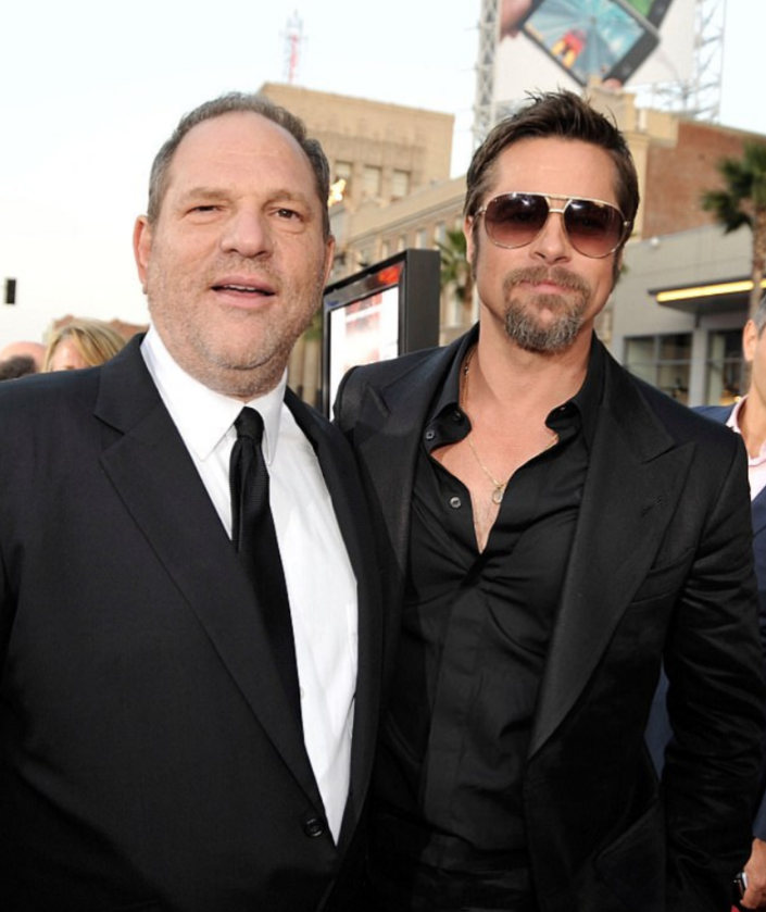 Brad leapt to the defence of his then girlfriend when Weinstein, seen here with the actor in 2009, made a sexual advance on her. Source: Getty