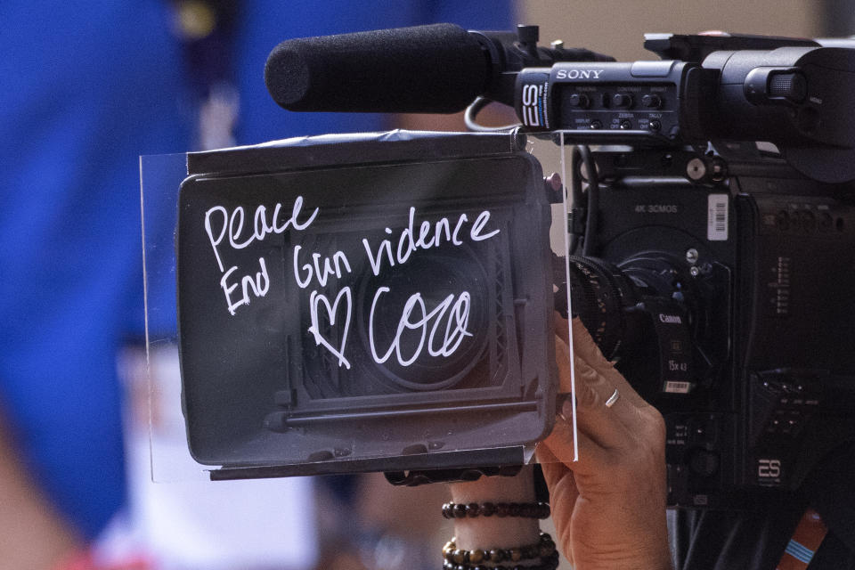 PARIS, FRANCE JUNE 2.  Coco Gauff of the United States writes her message on the camera 