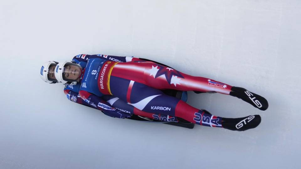 United States' Summer Britcher and Emily Sweeney compete in the women's doubles at a World Cup luge event Friday, Dec. 16, 2022, in Park City, Utah. (AP Photo/Rick Bowmer)