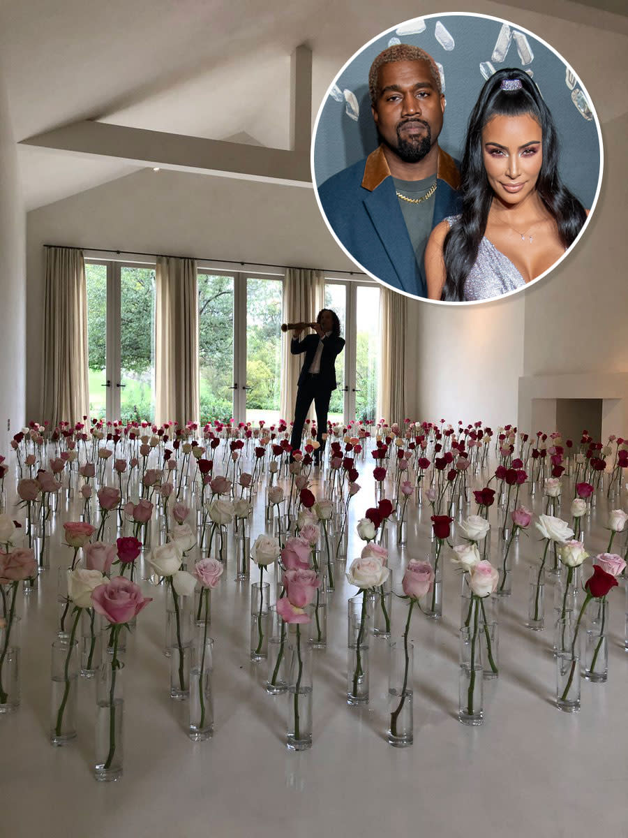 Kanye West had Kenny G come over to play music for Kim Kardashian in a room of roses. (Photo: Kim Kardashian/Twitter/Getty Images)