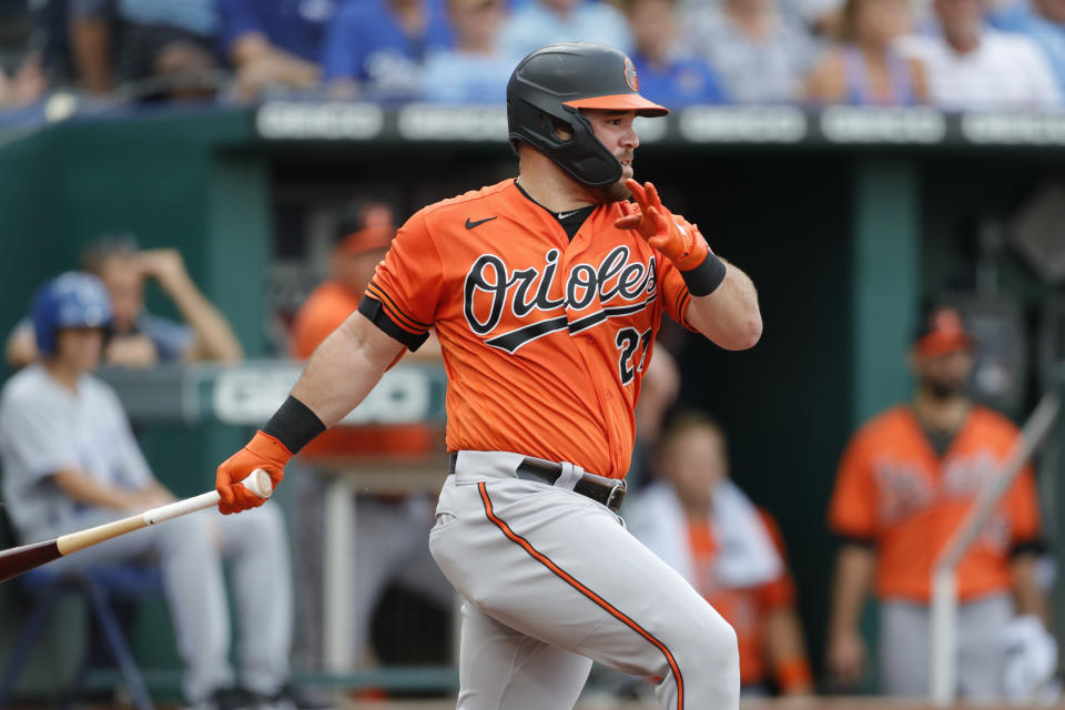 Baltimore Orioles' DJ Stewart hits an RBI-single in the third inning of a baseball game against the Kansas City Royals at Kauffman Stadium in Kansas City, Mo., Saturday, July 17, 2021. (AP Photo/Colin E. Braley)