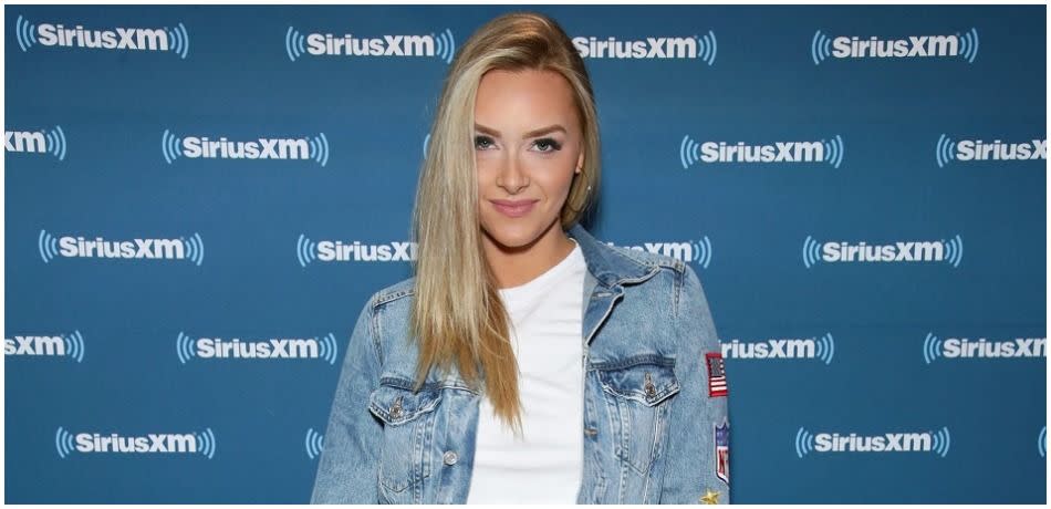 Model Camille Kostek attends SiriusXM at Super Bowl LII Radio Row