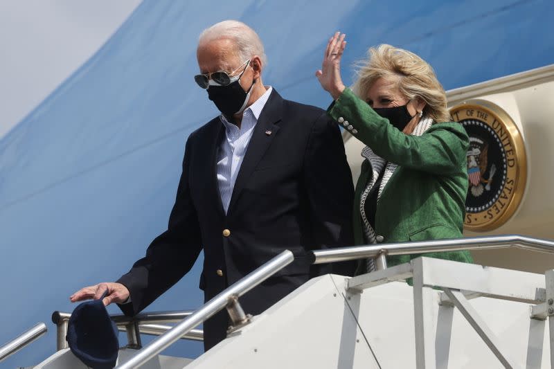 U.S. President Joe Biden and his wife Jill Biden arrive at Ellington Field Joint Reserve Base in Houston, Texas