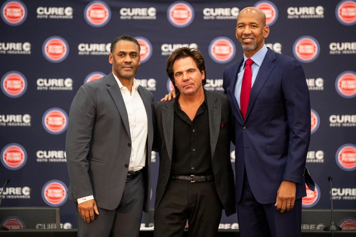 Left to right: Pistons GM Troy Weaver, owner Tom Gores and coach Monty Williams in Detroit, June 13, 2023.