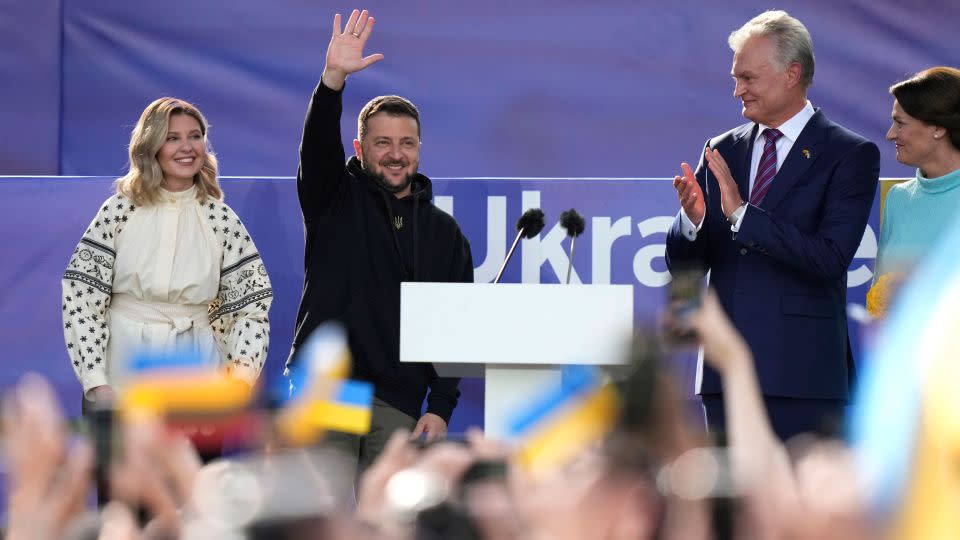 Ukraine's President Volodymyr Zelenskyy, second left, and Lithuania's President Gitanas Nauseda, second right, address the public during an event on the sidelines of a NATO summit in Vilnius, Lithuania, Tuesday, July 11, 2023. Ukrainian President Volodymyr Zelenskyy on Tuesday blasted as "absurd" the absence of a timetable for his country's membership in NATO, injecting harsh criticism into a gathering of the alliance's leaders that was intended to showcase solidarity in the face of Russian aggression.  - Pavel Golovkin/AP