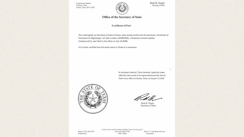 Le faux certificat de fait de Digital Logic indique le numéro de dossier 123456789 et une constitution au Texas le 14 juillet 2008