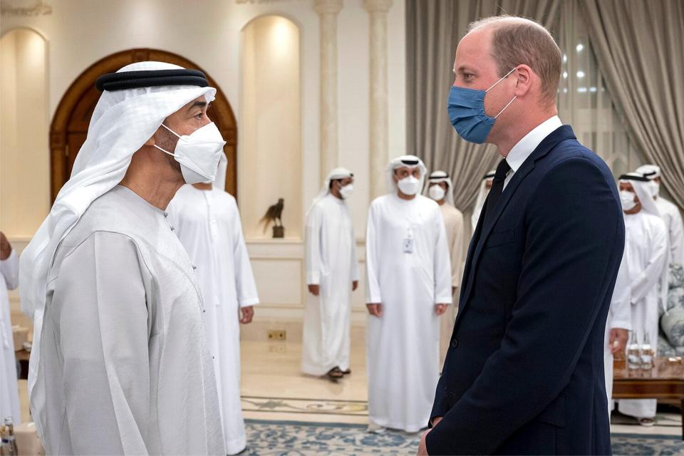 Prince William, The Duke of Cambridge, left, offering condolences to Sheikh Mohamed bin Zayed Al Nahyan, President of the UAE and Ruler of Abu Dhabi, on the passing of Sheikh Khalifa bin Zayed Al Nahyan