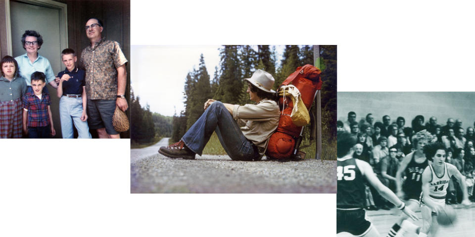 A family photo with Doug Burgum standing in front of his mother,  Katherine Kilbourne Burgum, had served on the Republican National Committee in the late 1960s; Burgum hitchhiking solo from Arthur to Alaska; and Burgum playing basketball. (Courtesy Doug Burgum)