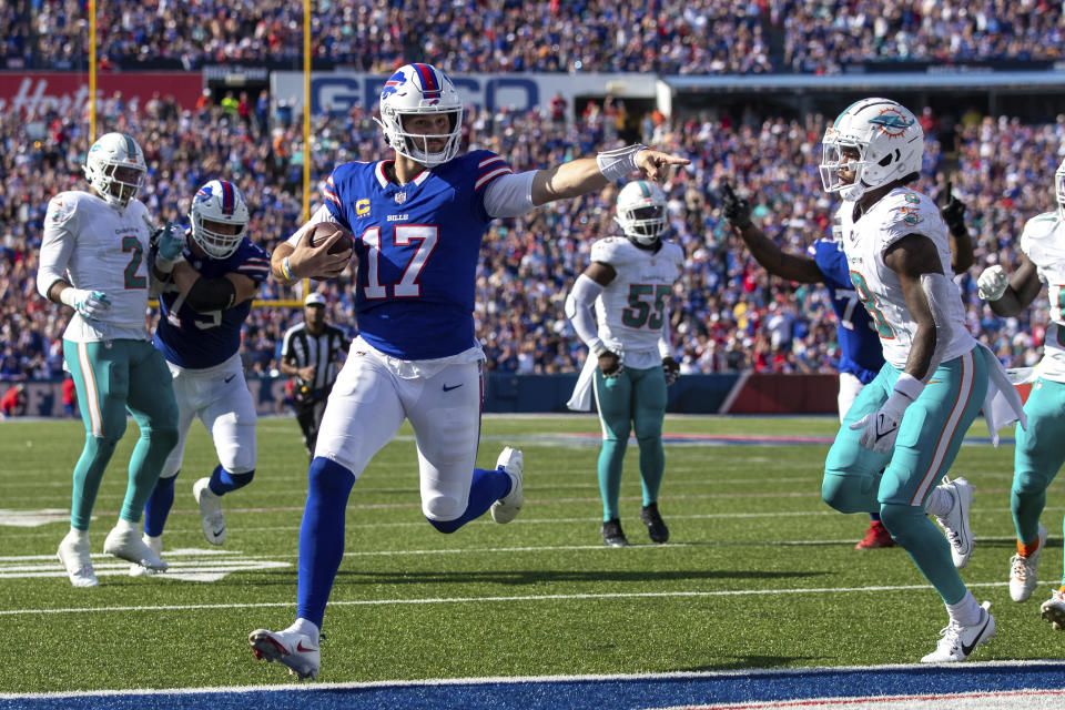 Josh Allen (17) and the Bills made the Dolphins look silly on Sunday — and if you ask them, they didn't hit their top gear on offense. (AP Photo/Matt Durisko)