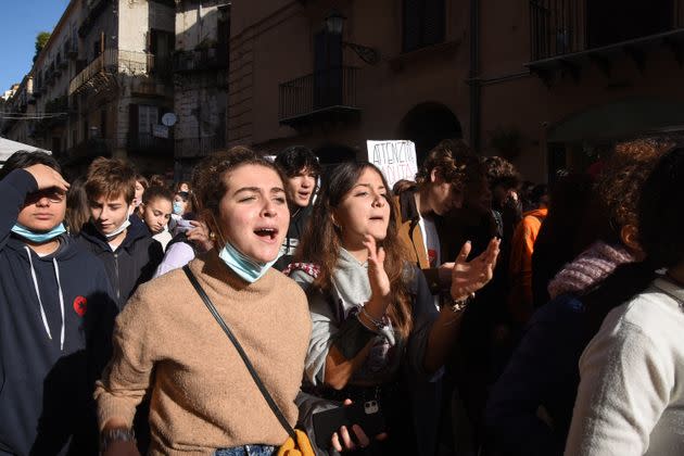 The students of the schools of Palermo marched through the streets of the city to protest against the institutions. Italy, Sicily, Palermo, November 17, 2021. (Photo by Francesco Militello Mirto/NurPhoto via Getty Images) (Photo: NurPhoto via Getty Images)