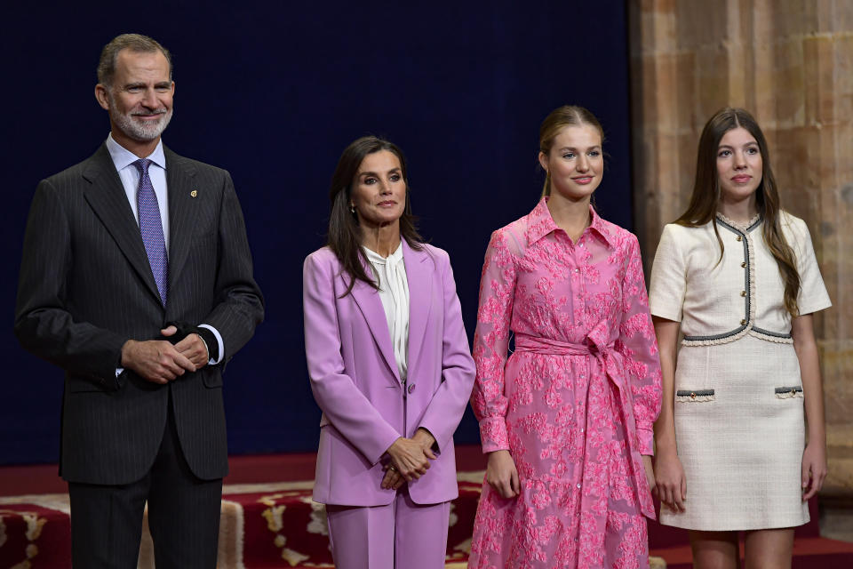 The Spanish Royal family pose during a ceremony for the Princess of Asturias awards, in Oviedo, northern Spain, Friday, Oct.20, 2023. (AP Photo/Alvaro Barrientos)