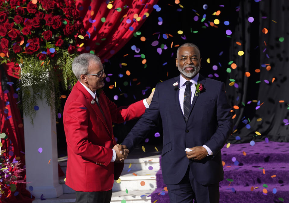 LeVar Burton, right, is congratulated by Pasadena Tournament of Roses president Robert Miller after he was announced as the Grand Marshal of the 2022 Rose Parade. - Credit: AP