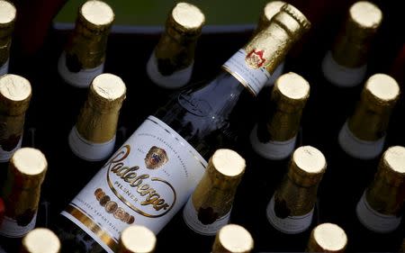 Bottles of Radeberger beer are pictured in Berlin, Germany, April 13, 2016. REUTERS/Hannibal Hanschke