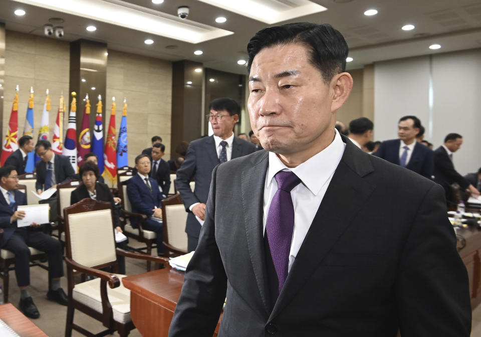 South Korean Defense Minister Shin Won-sik leaves after attending a parliamentary inspection of his agency at the National Defense committee of the National Assembly in Seoul, South Korea, Tuesday, Oct. 10, 2023. Shin said Tuesday he would push to suspend a 2018 inter-Korean military agreement in order to resume frontline surveillance on rival North Korea, as the surprise attack on Israel by Hamas militants raised concerns in South Korea about similar assaults by the North. (Yonhap via AP)