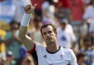 2016 Rio Olympics - Tennis - Preliminary - Men's Singles Second Round - Olympic Tennis Centre - Rio de Janeiro, Brazil - 09/08/2016. Andy Murray (GBR) of United Kingdom celebrates after winning his match against Juan Monaco (ARG) of Argentina. REUTERS/Kevin Lamarque