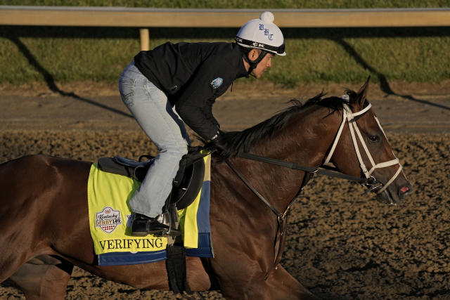 Kentucky Derby hopeful Verifying works out at Churchill Downs Wednesday, May 3, 2023, in Louisville, Ky. The 149th running of the Kentucky Derby is scheduled for Saturday, May 6. (AP Photo/Charlie Riedel)
