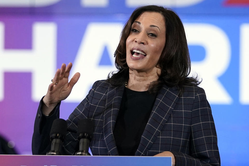 Democratic vice presidential candidate Sen. Kamala Harris, D-Calif., speaks at the Carpenters Local Union 1912 in Phoenix, Thursday, Oct. 8, 2020, to kick off a small business bus tour. (AP Photo/Carolyn Kaster)