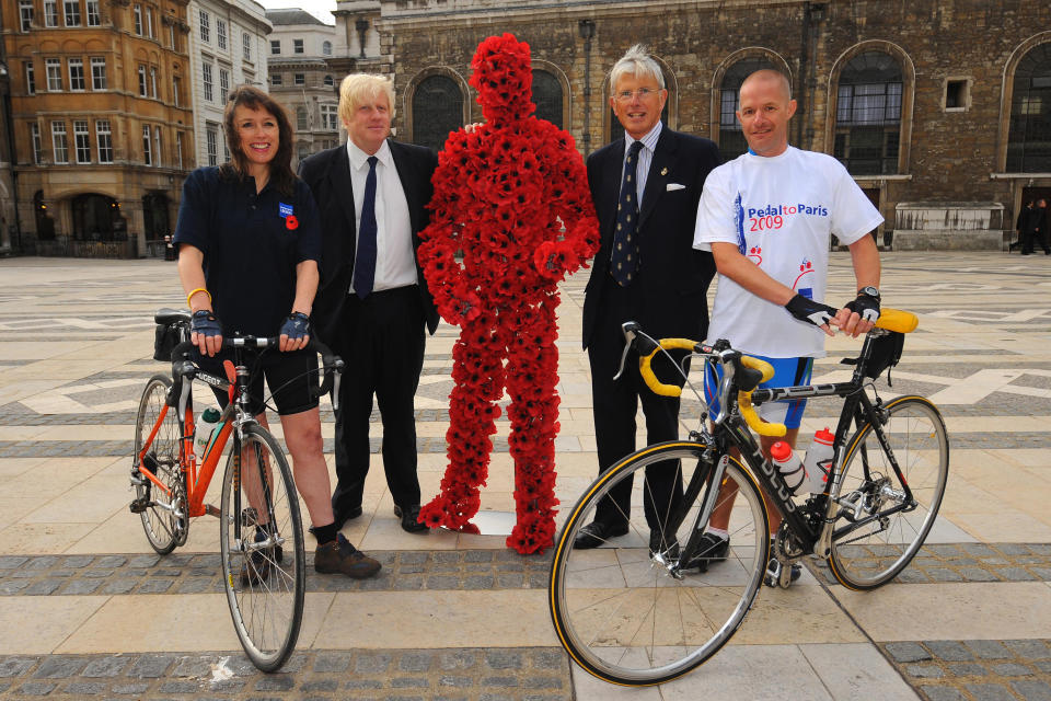 The Mayor of London, Boris Johnson celebrates the start of the Royal British Legion's Pedal to Paris ride 2009 in London.