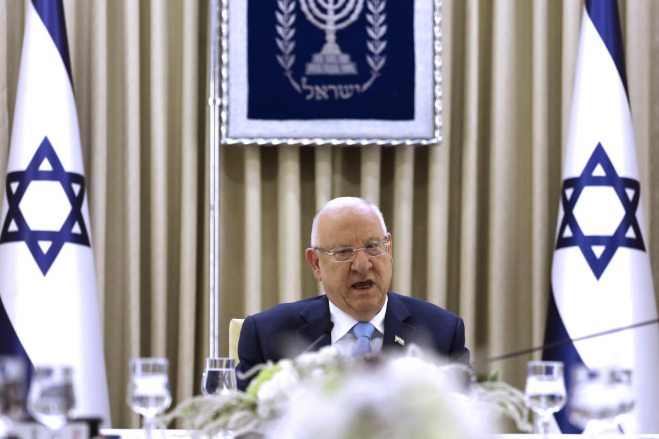 Israeli President Reuven Rivlin speaks during a consultation meeting with members of the Likud party, in Jerusalem, Sunday, Sept. 22, 2019. Rivlin began two days of crucial talks Sunday with party leaders before selecting his candidate for prime minister, after a deadlocked repeat election was set to make forming any new government a daunting task. (Menahem Kahana/Pool via AP)