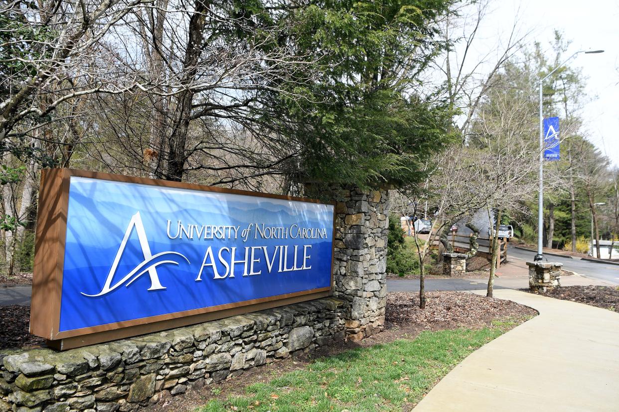 The UNC Asheville sign at the roundabout that leads onto the campus. 
