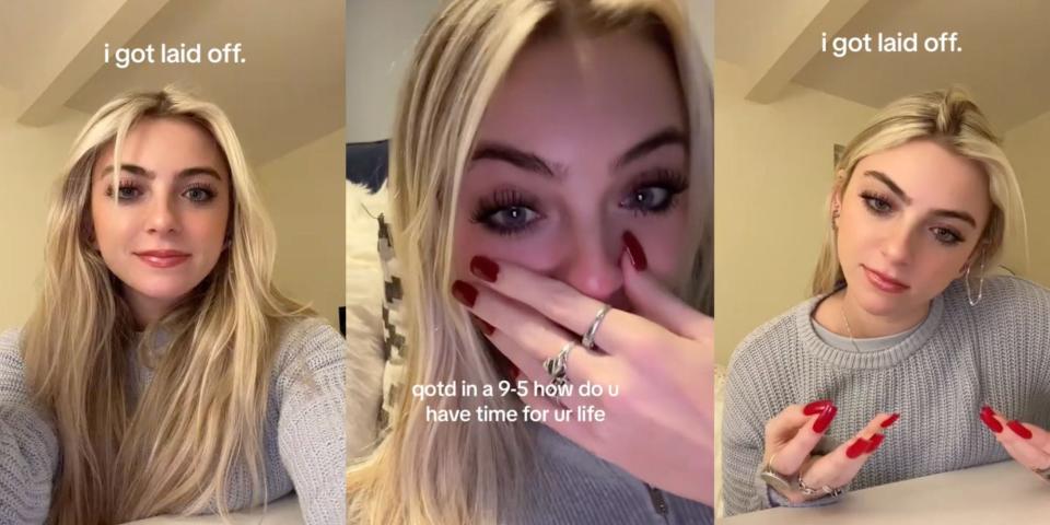 A composite of images taken from TikTok which show a woman alongside an on-screen caption which reads she was laid off.