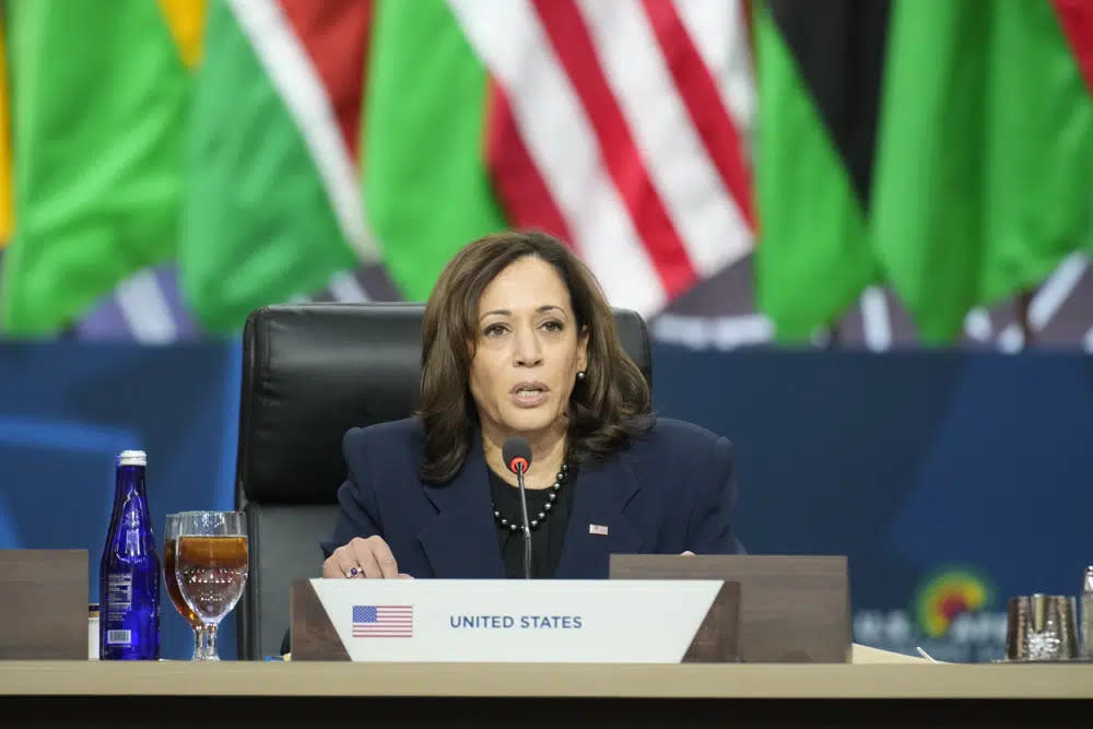 Vice President Kamala Harris speaks at a working lunch during the U.S. Africa Leaders Summit at the Walter E. Washington Convention Center in Washington, Dec. 15, 2022. (AP Photo/Andrew Harnik, File)