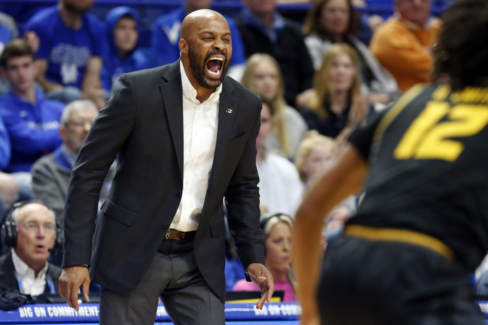 Missouri head coach Cuonzo Martin yells to his team during the first half of an NCAA college basketball game against Kentucky in Lexington, Ky., Saturday, Jan 4, 2020. (AP Photo/James Crisp)