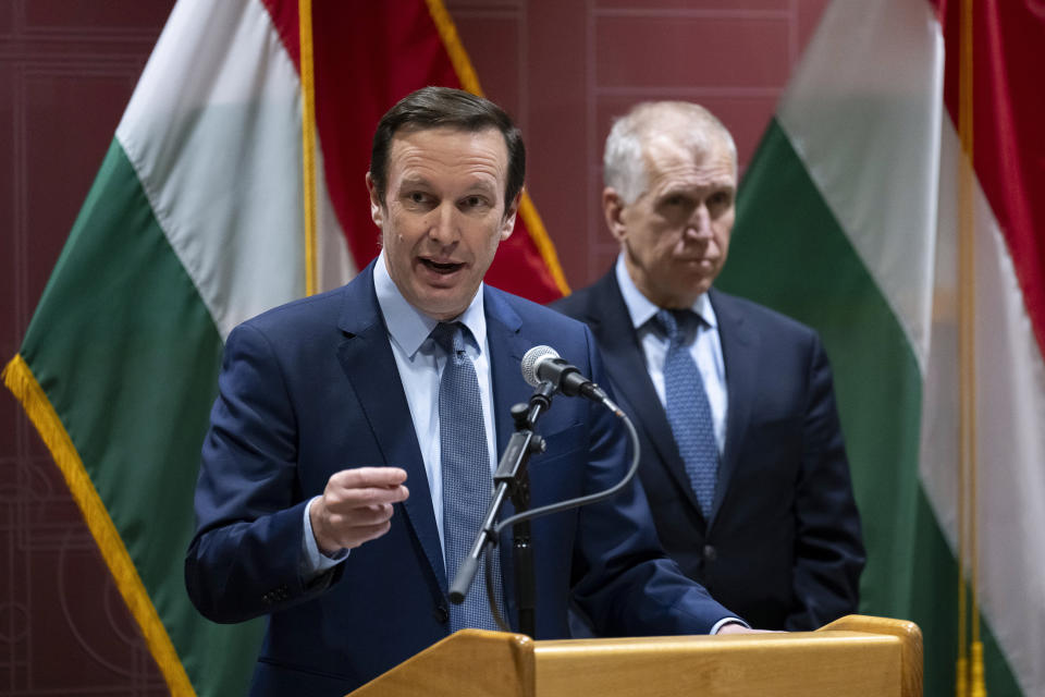 Senator Chris Murphy, member of the Committee on Foreign Relations and Committee on Appropriations speaks, during a press conference, in Budapest, Sunday, Feb. 18, 2024. Two U.S. senators will submit a bipartisan resolution to Congress condemning democratic backsliding in Hungary and urging its nationalist government to lift its block on Sweden's accession into the NATO military alliance. The resolution, authored by U.S. Sens. Jeanne Shaheen, a New Hampshire Democrat, and Thom Tillis, a North Carolina Republican, comes as Hungary's government is under increasing pressure to ratify Sweden's bid to join NATO, something it has delayed for more than 18 months. (AP Photo/Denes Erdos)