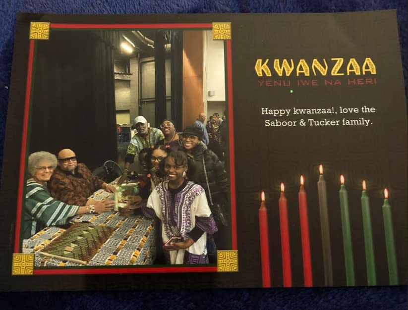 In this 2019 photo, Deborah Abdus-Saboor and her family pose with Kwanzaa founder Maulana Karenga (left) and Tiamoyo Karenga. (Courtesy of Deborah Abdus-Saboor)