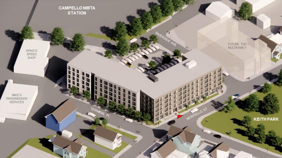 A rendering of 1200 Montello, an affordable housing and retail building to be sited at the Lynch's Towing yard. This shows plans as of March 2022.