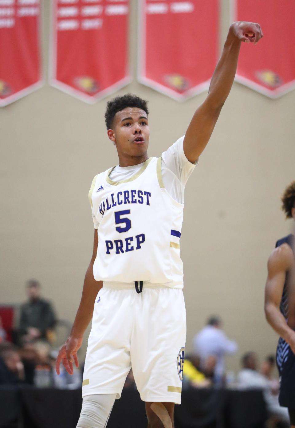 Hillcrest Prep guard Puff Johnson (5) during the 2019 Hoophall West basketball tournament at Chaparral High School.