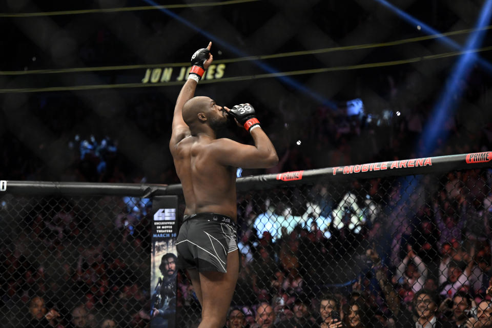 Jon Jones reacts after his victory over Ciryl Gane in a UFC 285 mixed martial arts heavyweight title bout Saturday, March 4, 2023, in Las Vegas. (AP Photo/David Becker)