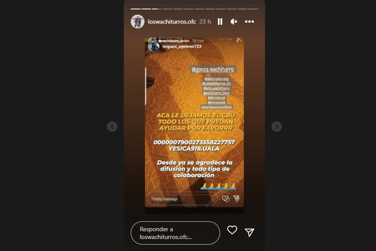 Pedido de donaciones a través de la cuenta oficial de Instagram de Los Wachiturros