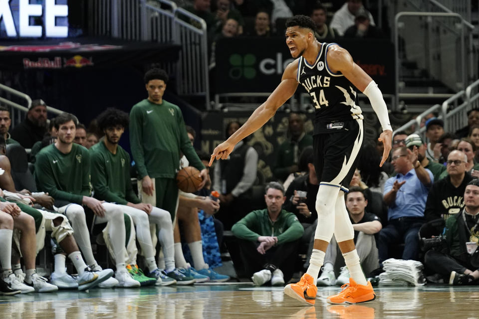 Milwaukee Bucks' Giannis Antetokounmpo (34) reacts after a call during the second half of an NBA basketball game against the New York Knicks, Sunday, April 7, 2024, in Milwaukee. (AP Photo/Aaron Gash)