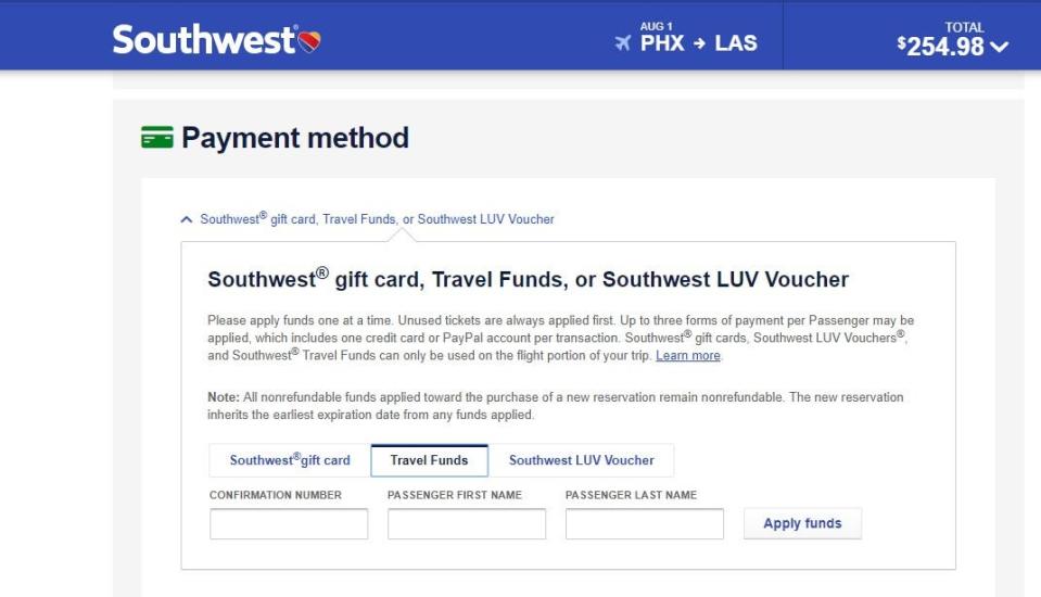 You can apply travel credits when you pay for your future flight on Southwest.com