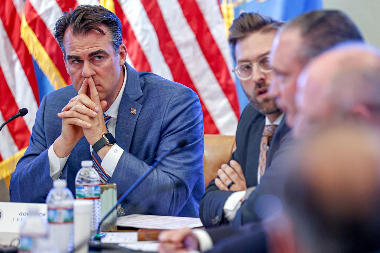 Gov. Kevin Stitt attends a budgetary meeting Monday at the state Capitol.