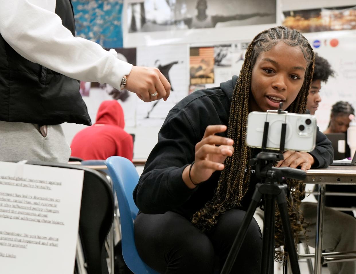 Kaylana Logan, 17, a senior at Westerville North High School, prepares to record a video Feb. 22, 2024, with fellow students for a Black History Month History Minute.