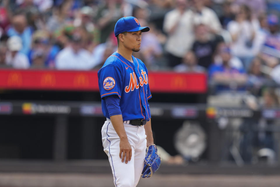 New York Mets' Kodai Senga, of Japan, reacts after St. Louis Cardinals' Paul Goldschmidt hit a two-run home run during the second inning of a baseball game Saturday, June 17, 2023, in New York. (AP Photo/Frank Franklin II)