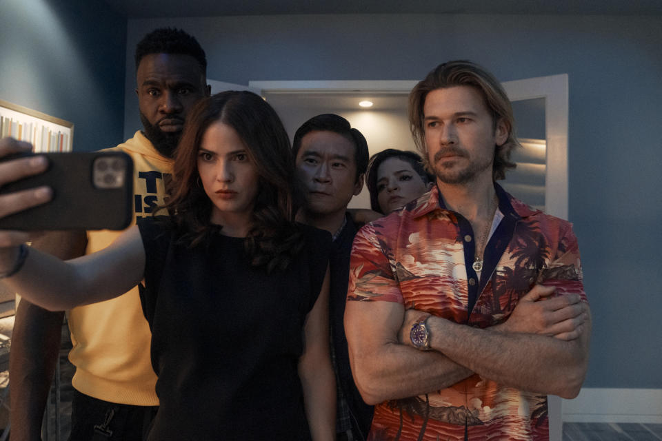 Obliterated. (L to R) Terrence Terrell as Trunk, Shelley Hennig as Ava Winters, Eugene Kim as Paul Yung, Paola Lázaro as Angela Gomez, Nick Zano as Chad McKnight in Obliterated. Cr. Ursula Coyote/Netflix © 2023