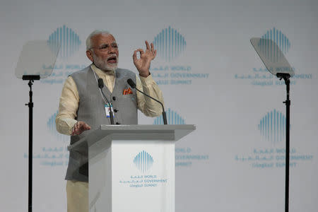 India's Prime Minister Narendra Modi speaks during the World Government Summit in Dubai, United Arab Emirates February 11, 2018. REUTERS/Christopher Pike